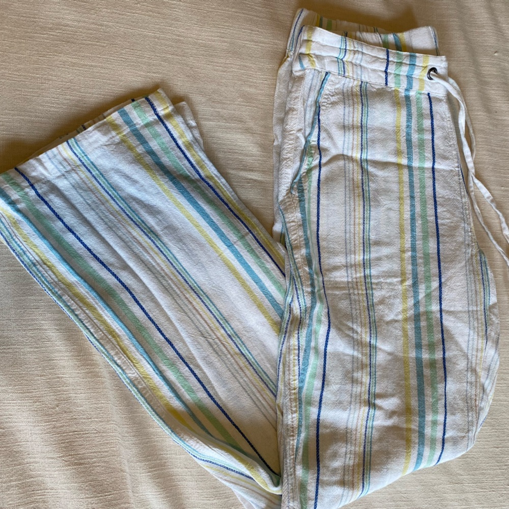 Vertical stripe white cotton drawstring pants